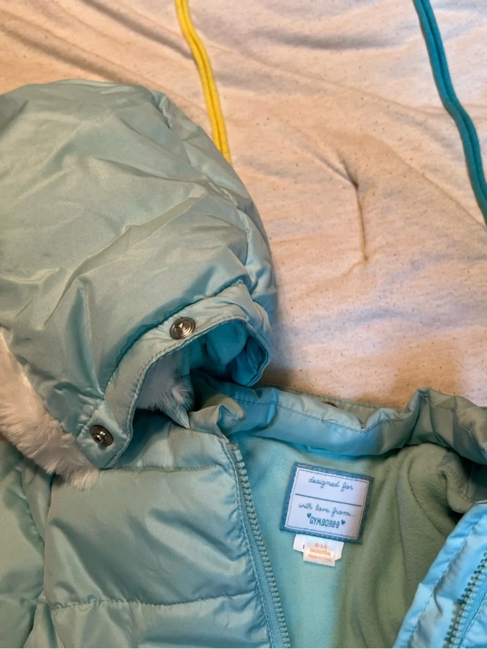 Gymboree Light Blue Puffer Jacket with Faux-Fur Hood, 6-12 mths, Like New!